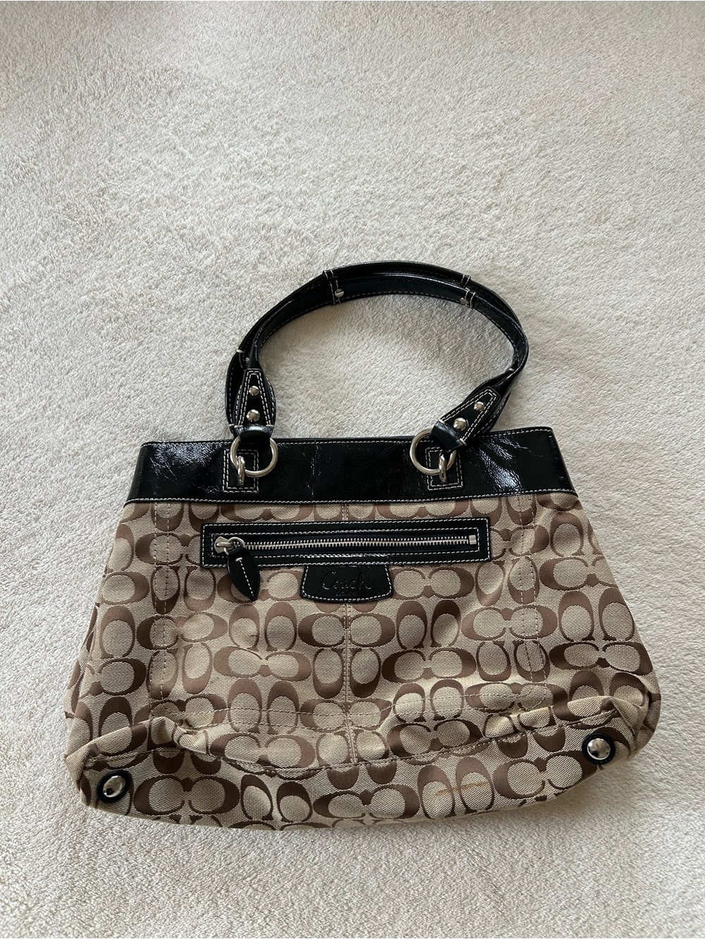 Coach Brown Signature Canvas Shoulder Bag with Black Patent Trim